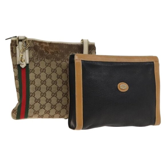 GUCCI GG Canvas Web Sherry Line Bag Leather 2 Set Beige Black Auth 139097